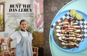 This is a page from the German magazine Essen & Trinken showing an article about the food scene in Mexico, with photos of chefs and dishes, as well as pictures of restaurants.