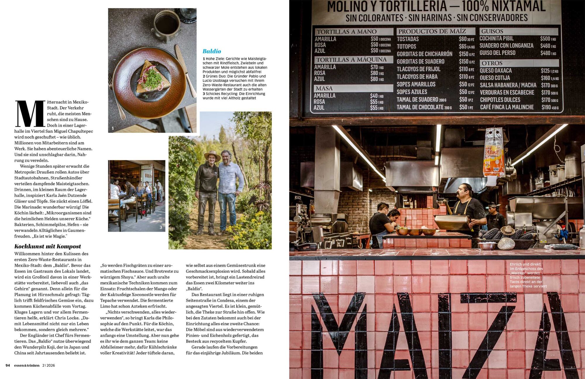 This is a page from the German magazine Essen & Trinken showing an article about the food scene in Mexico, with photos of chefs and dishes, as well as pictures of restaurants.