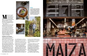 This is a page from the German magazine Essen & Trinken showing an article about the food scene in Mexico, with photos of chefs and dishes, as well as pictures of restaurants.