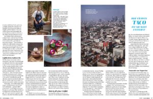 This is a page from the German magazine Essen & Trinken showing an article about the food scene in Mexico, with photos of chefs and dishes, as well as pictures of restaurants.