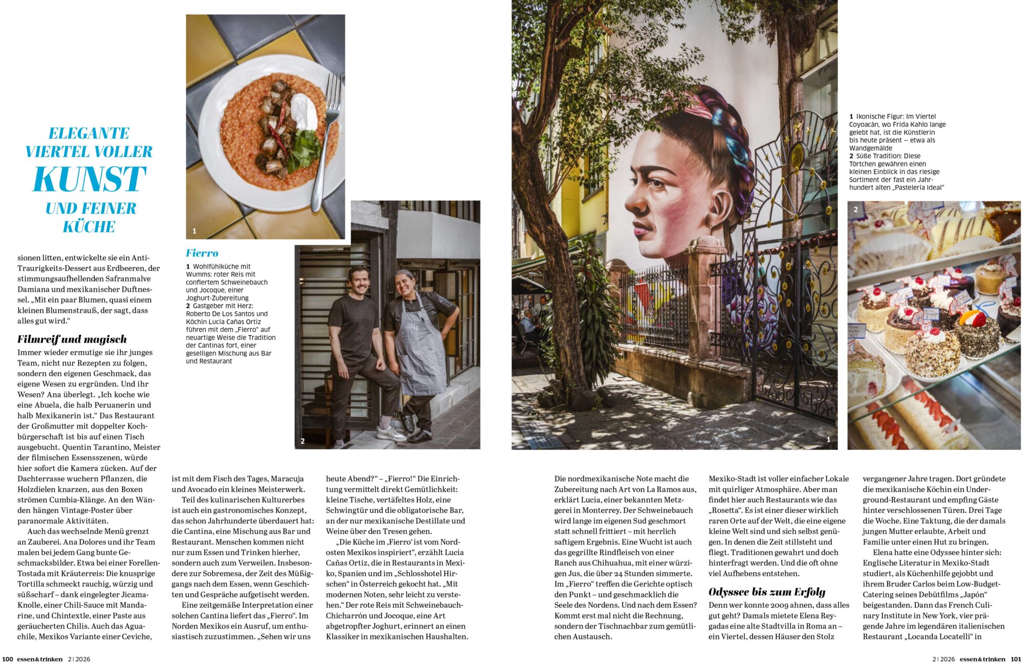 This is a page from the German magazine Essen & Trinken showing an article about the food scene in Mexico, with photos of chefs and dishes, as well as pictures of restaurants.