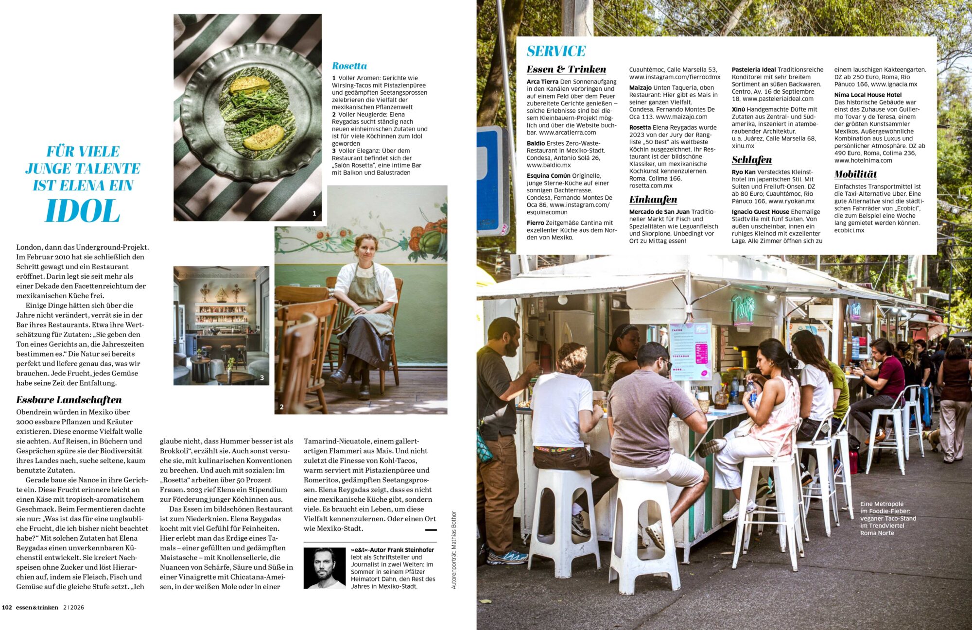 This is a page from the German magazine Essen & Trinken showing an article about the food scene in Mexico, with photos of chefs and dishes, as well as pictures of restaurants.